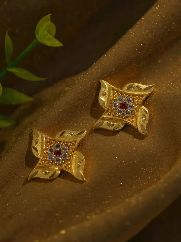 Gold_Plated_Floral_Pinwheel_Stud_Earrings_With_Ruby_And_Cz_Accents_For_Women