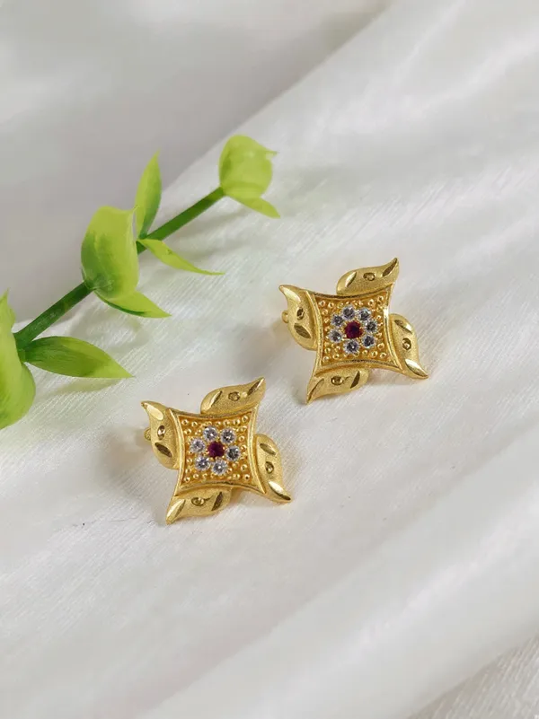 Gold_Plated_Floral_Pinwheel_Stud_Earrings_With_Ruby_And_Cz_Accents_For_Women