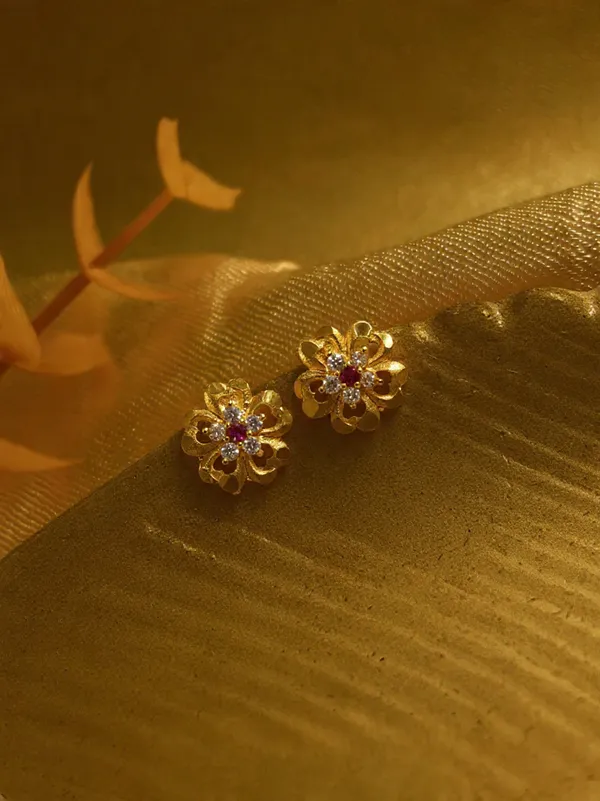 Gold_Plated_Floral_Stud_Earrings_With_Ruby_Red_And_White_Cz_Stones_For_Women