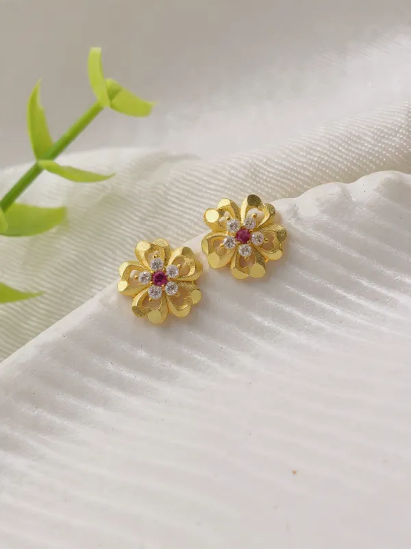 Gold_Plated_Floral_Stud_Earrings_With_Ruby_Red_And_White_Cz_Stones_For_Women