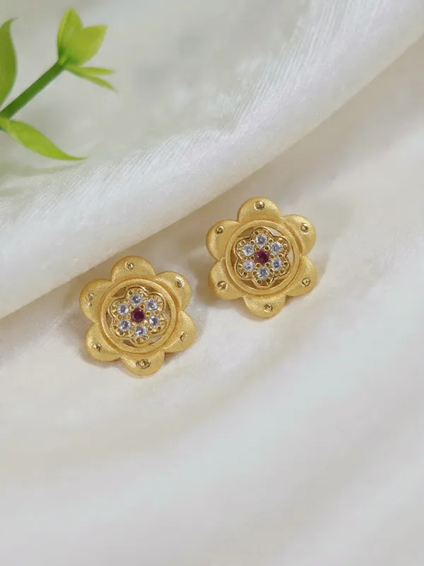Gold_Plated_Floral_Stud_Earrings_With_Ruby_And_Cz_Accents_For_Women