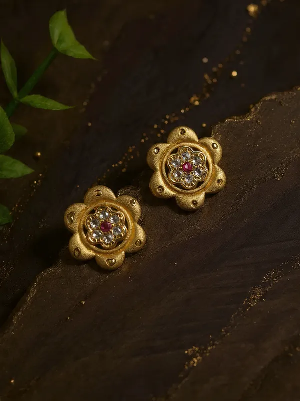 Gold_Plated_Floral_Stud_Earrings_With_Ruby_And_Cz_Accents_For_Women