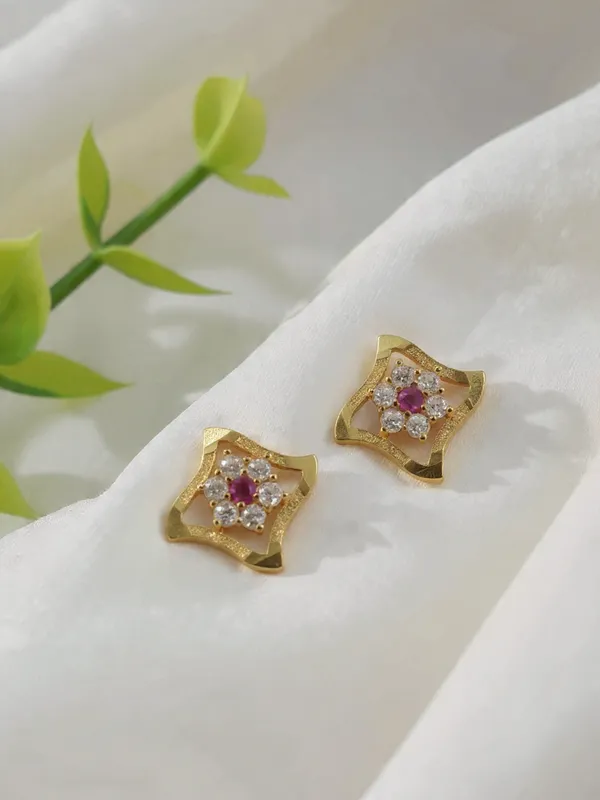 Gold_Plated_Floral_Stud_Earrings_With_Ruby_And_White_Zircon_Stones_For_Women