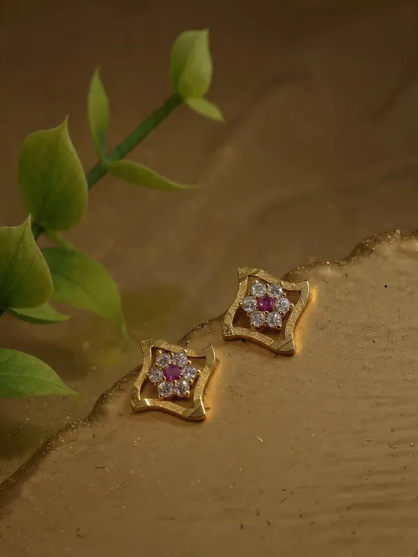 Gold_Plated_Floral_Stud_Earrings_With_Ruby_And_White_Zircon_Stones_For_Women
