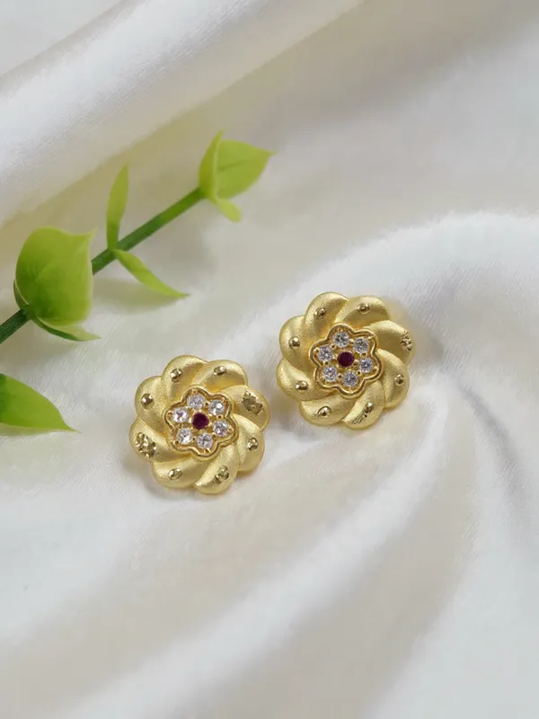 Gold_Plated_Matte_Floral_Stud_Earrings_With_Ruby_And_Cubic_Zirconia_Accents_For_Women