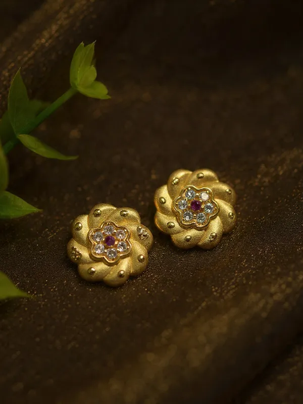 Gold_Plated_Matte_Floral_Stud_Earrings_With_Ruby_And_Cubic_Zirconia_Accents_For_Women
