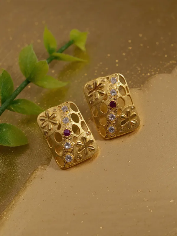 Gold_Plated_Rectangular_Filigree_Stud_Earrings_With_Ruby_And_Cubic_Zirconia_Accents_For_Women