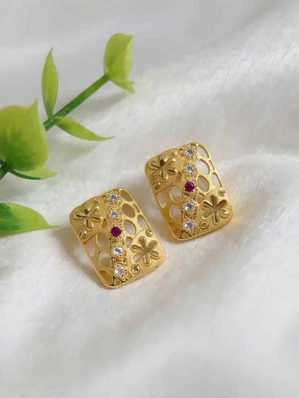 Gold_Plated_Rectangular_Filigree_Stud_Earrings_With_Ruby_And_Cubic_Zirconia_Accents_For_Women