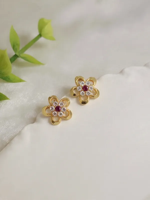 Gold_Plated_Ruby_And_White_Stone_Flower_Stud_Earrings_For_Women