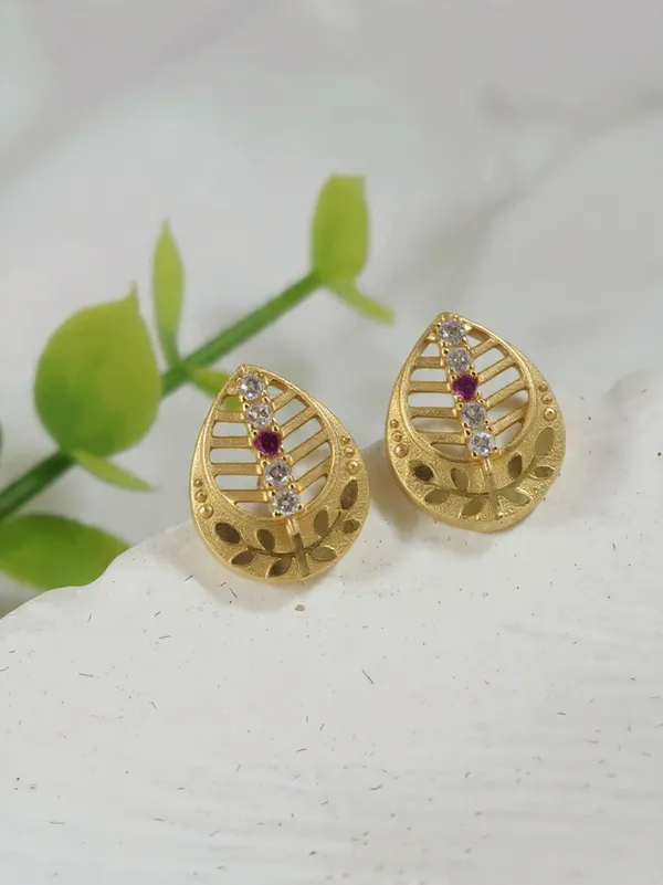 Gold-Tone_Leaf_Filigree_Stud_Earrings_With_Ruby_Red_And_White_Stone_Accents_For_Women