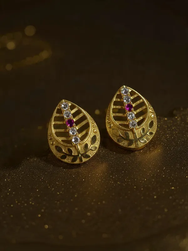 Gold-Tone_Leaf_Filigree_Stud_Earrings_With_Ruby_Red_And_White_Stone_Accents_For_Women