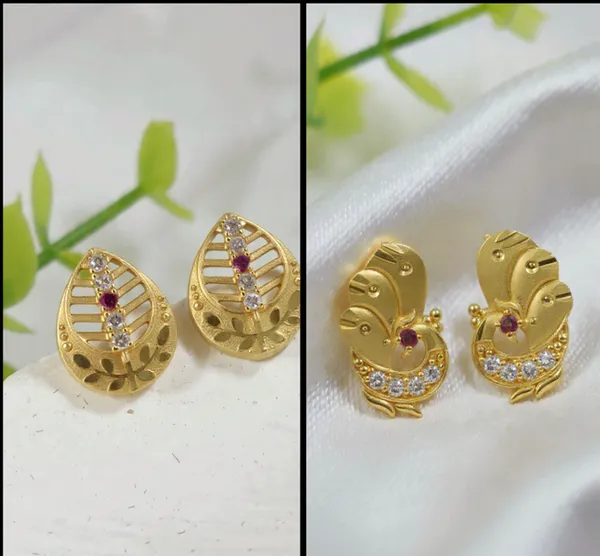 Gold-Tone_Leaf_Filigree_With_Ruby_Red_And_White_Stone_Accents_&_Traditional_Plated_Peacock_Stud_With_Ruby_And_White_Cz_Stones_Earrings_For_Women
