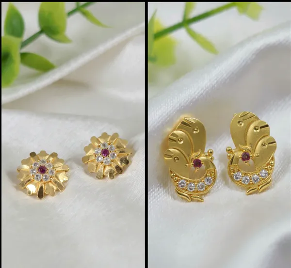 Floral_Gold_Stud_With_Ruby_Red_And_White_Stone_Accents_&_Traditional_Plated_Peacock_Stud_With_Ruby_And_White_Cz_Stones_Earrings_For_Women