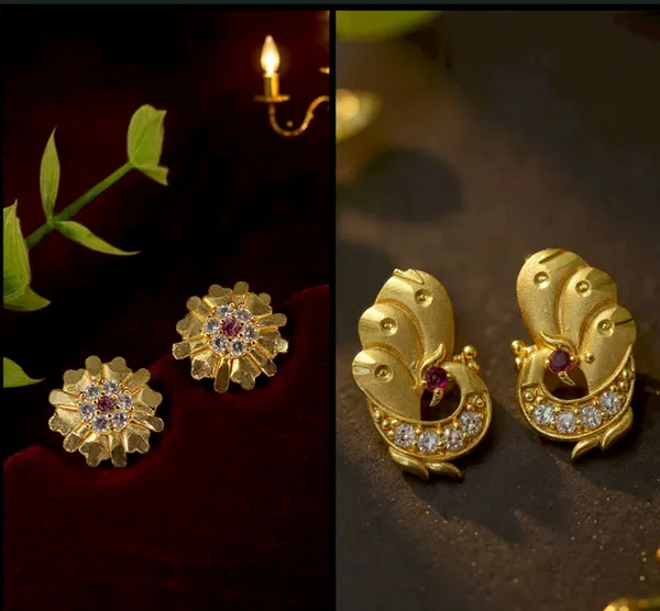 Floral_Gold_Stud_With_Ruby_Red_And_White_Stone_Accents_&_Traditional_Plated_Peacock_Stud_With_Ruby_And_White_Cz_Stones_Earrings_For_Women
