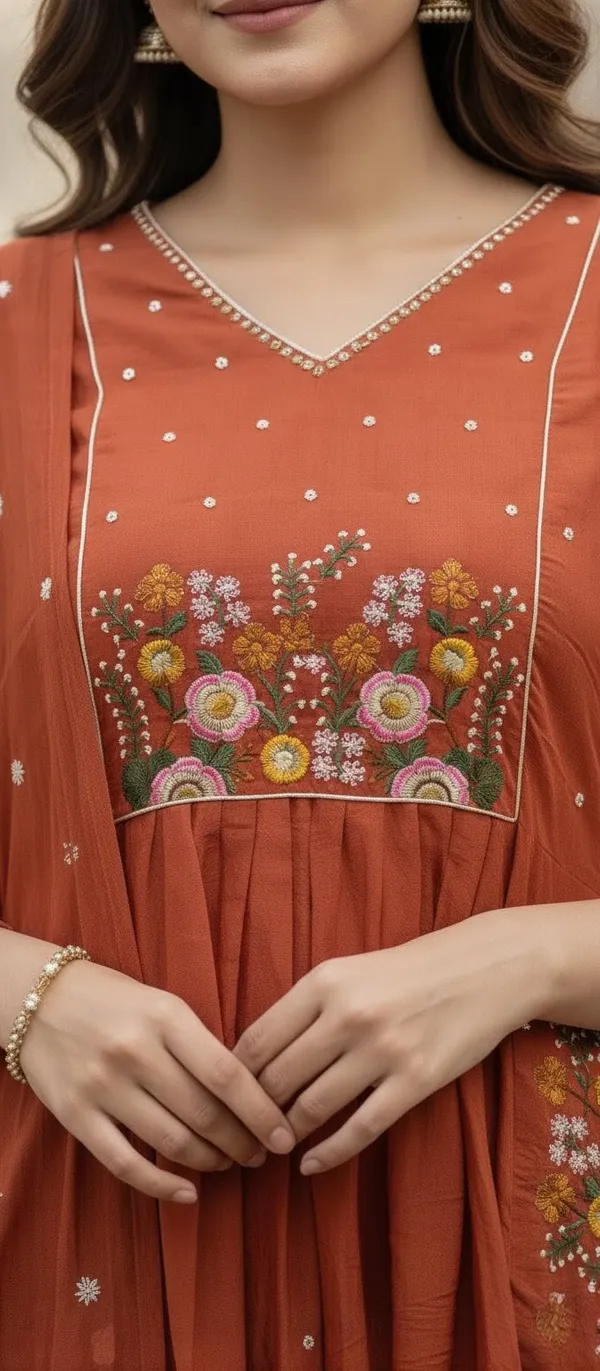 Orange_Hand_Work_Mul_Chanderi_Kurta_Set_With_Dupatta_For_Women