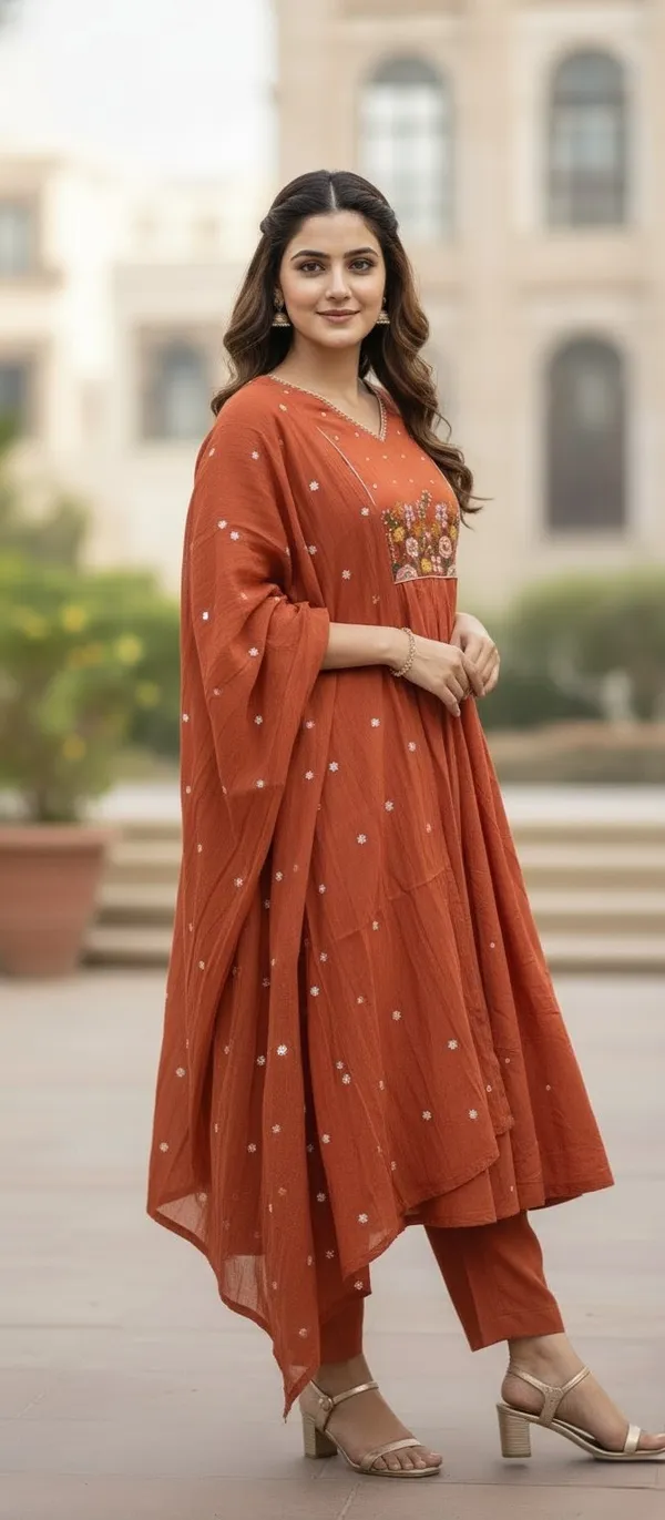 Orange_Hand_Work_Mul_Chanderi_Kurta_Set_With_Dupatta_For_Women