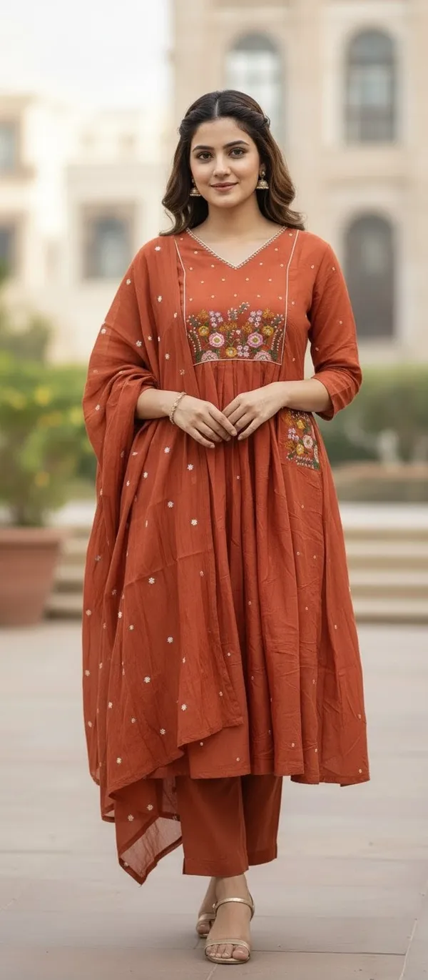 Orange_Hand_Work_Mul_Chanderi_Kurta_Set_With_Dupatta_For_Women