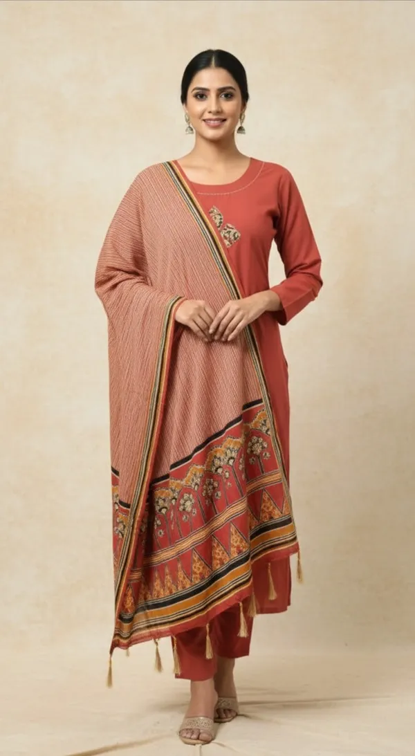 Brown_Aplique_Cotton_Kurta_Set_With_Dupatta_For_Women