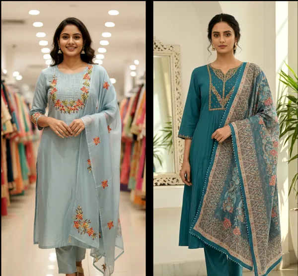 Blue_Hand_Work_Mul_Chanderi_Kurta_Set_With_Dupatta_For_Women_Combo_Set_(_Pack_Of_2)