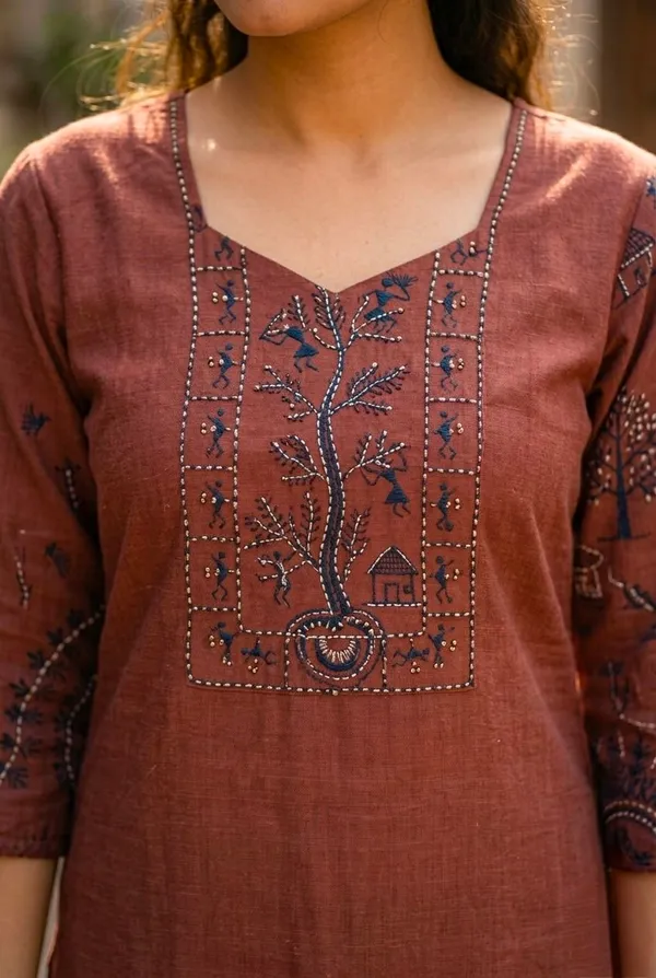 Brown_Thread_Work_Silk_Kurta_Set_With_Dupatta_For_Women