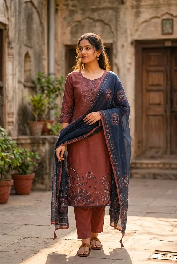 Brown_Thread_Work_Silk_Kurta_Set_With_Dupatta_For_Women