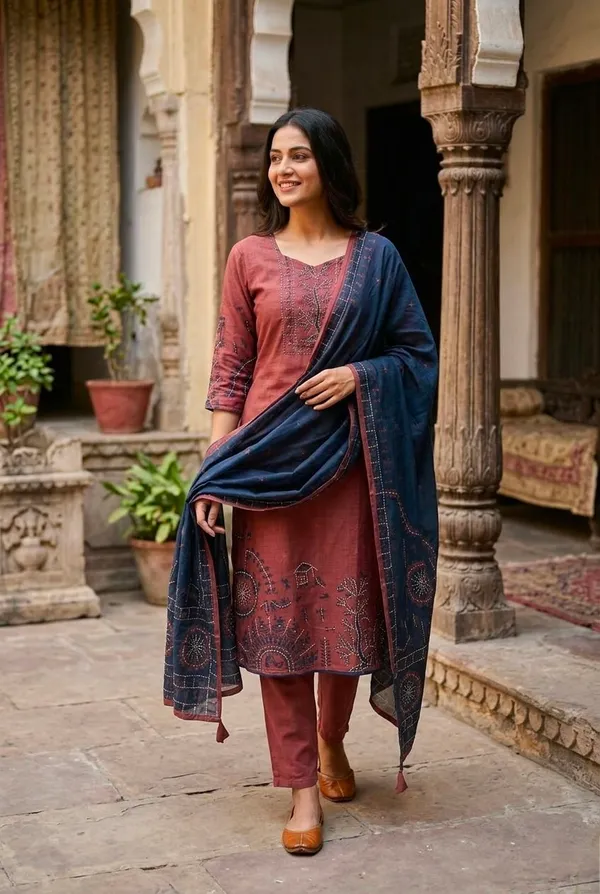Brown_Thread_Work_Silk_Kurta_Set_With_Dupatta_For_Women