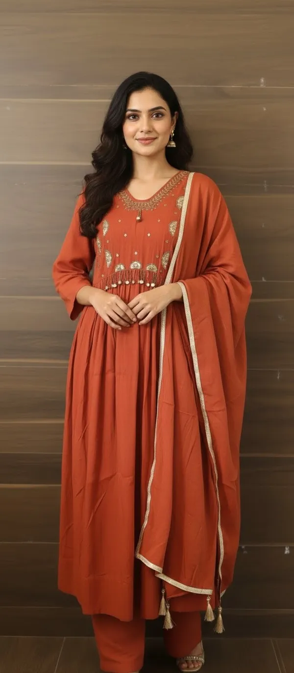Orange_Hand_Work_Mul_Chanderi_Kurta_Set_With_Dupatta_For_Women