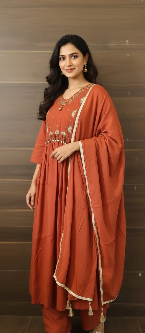 Orange_Hand_Work_Mul_Chanderi_Kurta_Set_With_Dupatta_For_Women