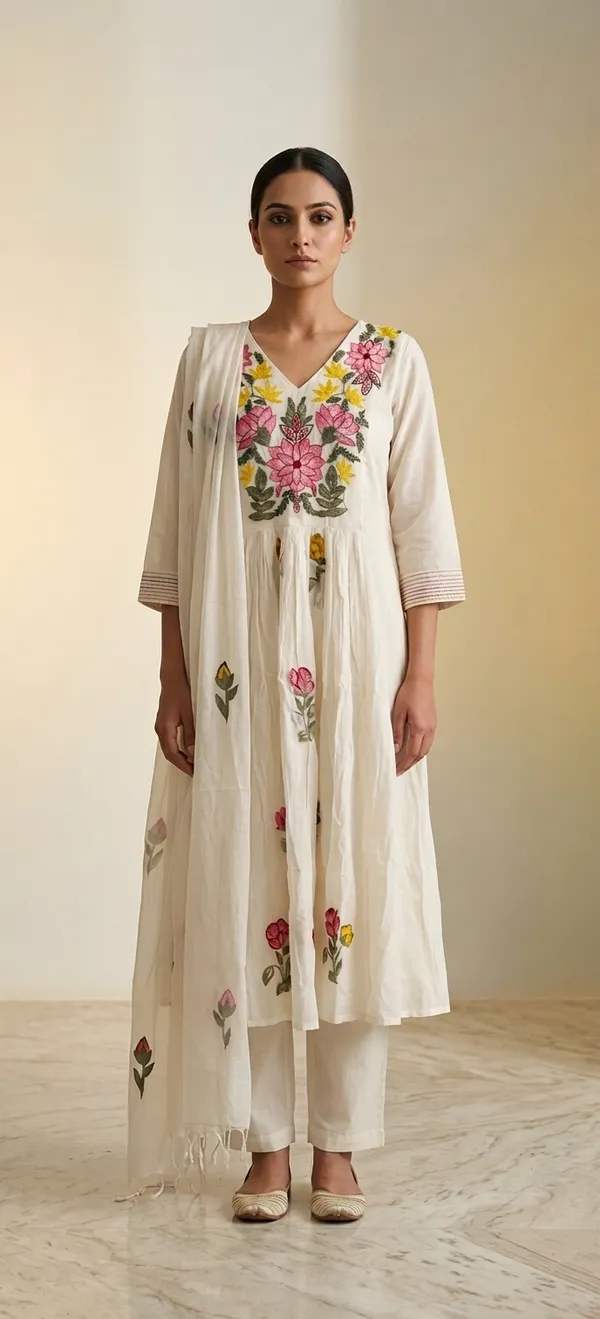 CREAM_BRUSH_PAINT_AND_KATHA_WORK_COTTON_KURTA_SET_WITH_DUPATTA