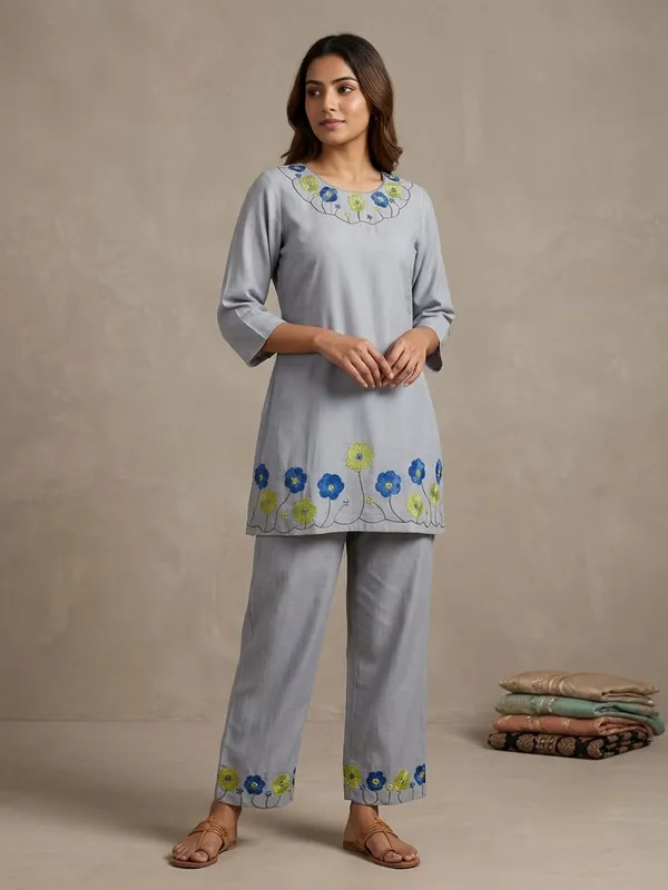 GRAY_HAND_PAINT_AND_KATHA_WORK_SILK_CO-ORD_SET