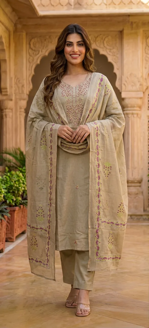 BEIGE_THREAD_WORK_COTTON_KURTA_SET_WITH_DUPATTA