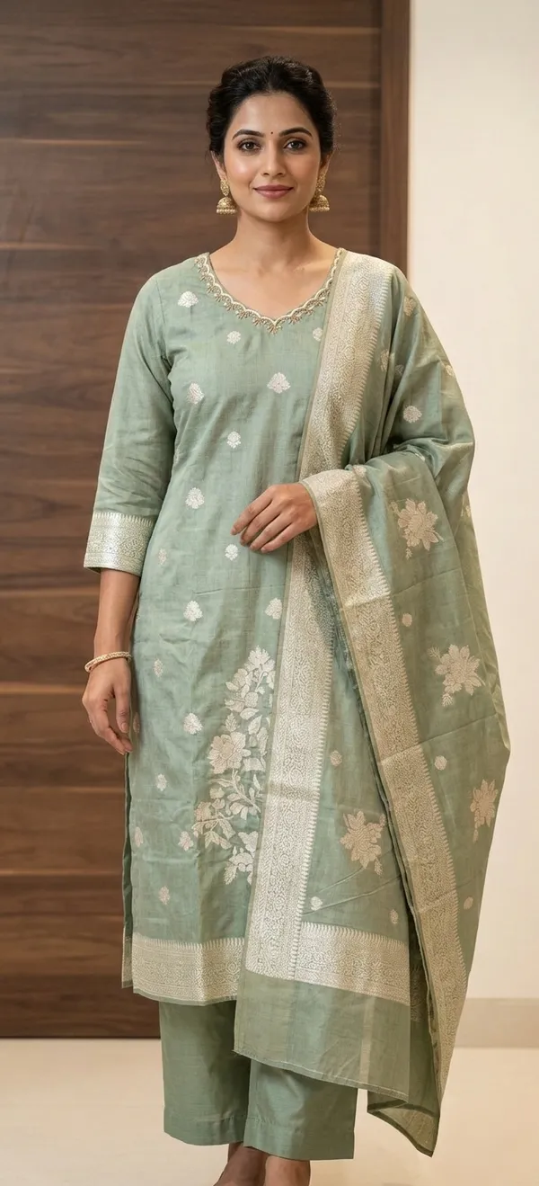 GREEN_HAND_WORK_JAMDARI_KURTA_SET_WITH_DUPATTA