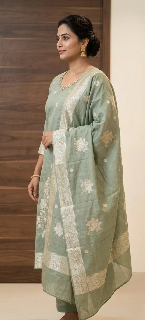 GREEN_HAND_WORK_JAMDARI_KURTA_SET_WITH_DUPATTA