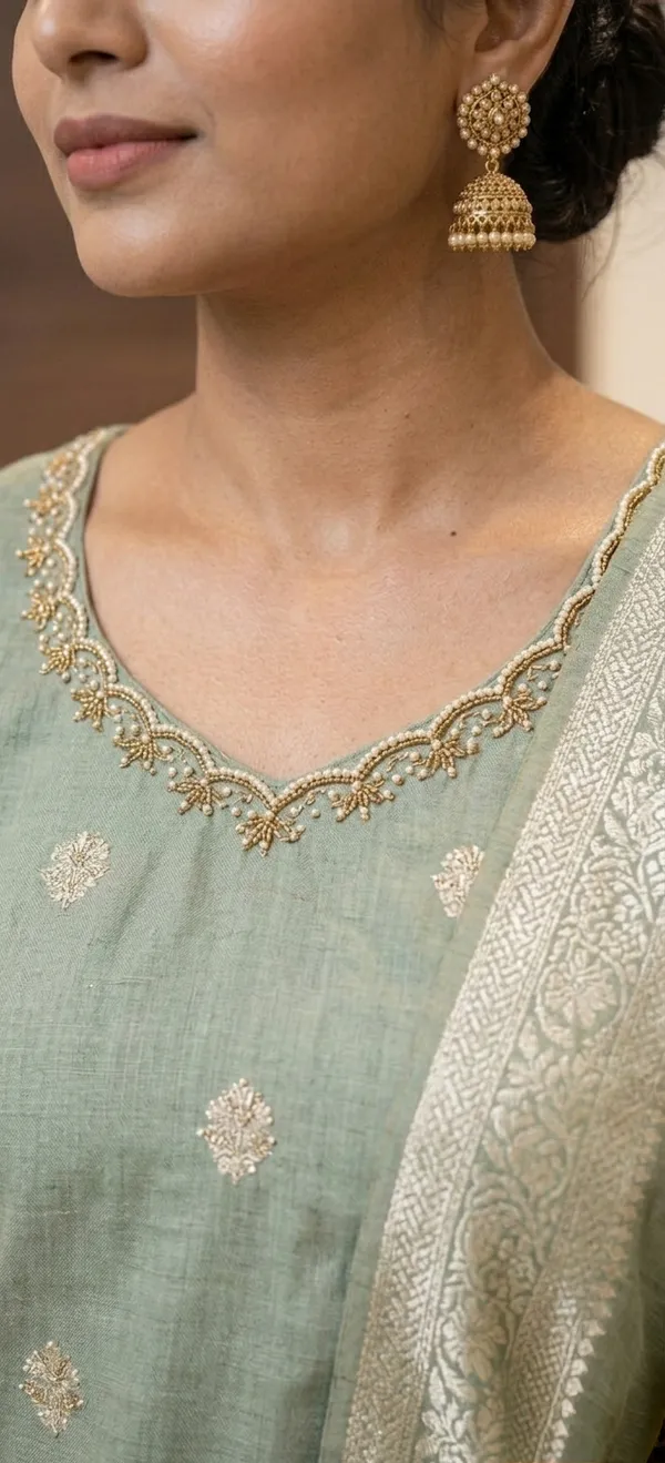 GREEN_HAND_WORK_JAMDARI_KURTA_SET_WITH_DUPATTA
