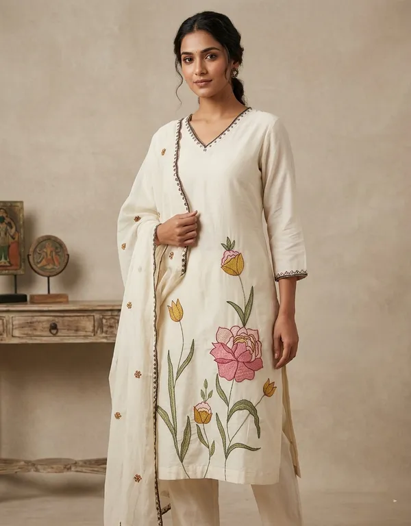 CREAM_APLIQUE_MUL_COTTON_KURTA_SET_WITH_DUPATTA