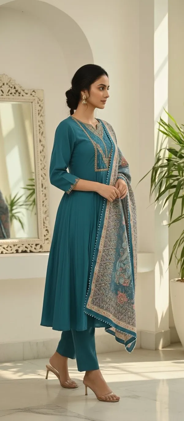 Blue_Hand_Work_Mul_Chanderi_Kurta_Set_With_Dupatta_For_Women