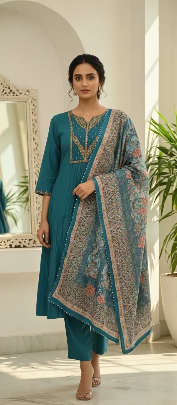Blue_Hand_Work_Mul_Chanderi_Kurta_Set_With_Dupatta_For_Women