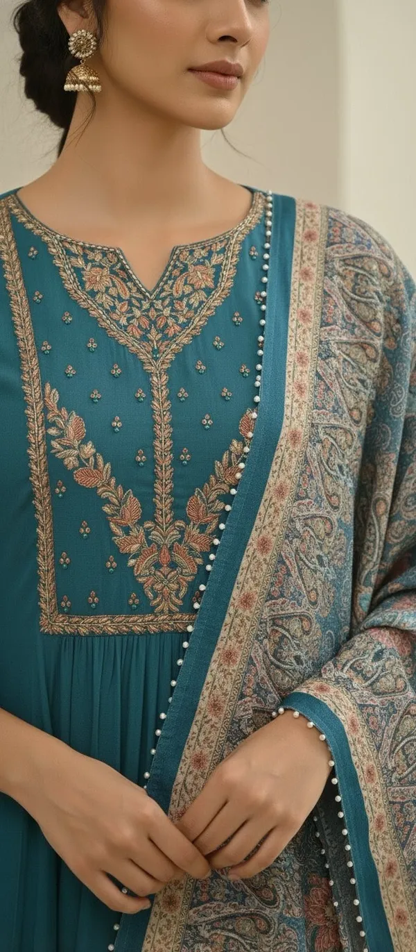 Blue_Hand_Work_Mul_Chanderi_Kurta_Set_With_Dupatta_For_Women