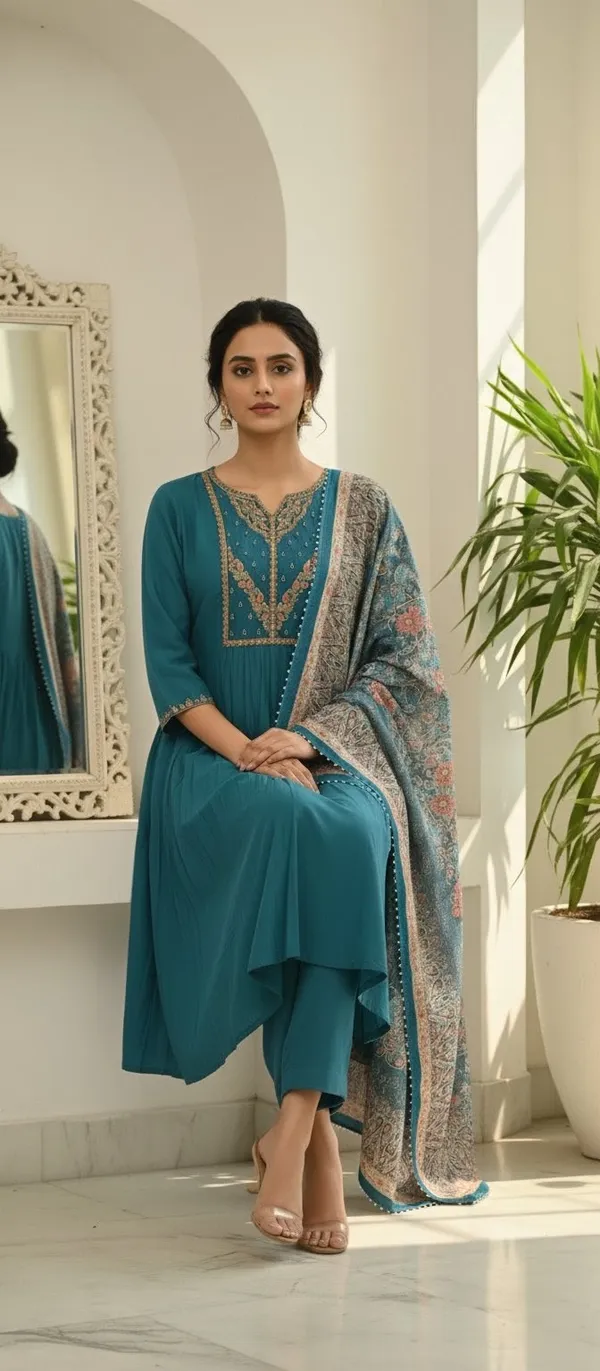 Blue_Hand_Work_Mul_Chanderi_Kurta_Set_With_Dupatta_For_Women