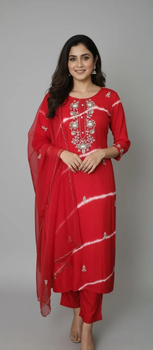 Red_Hand_Work_Dola_Silk_Kurta_Set_With_Dupatta_For_Women