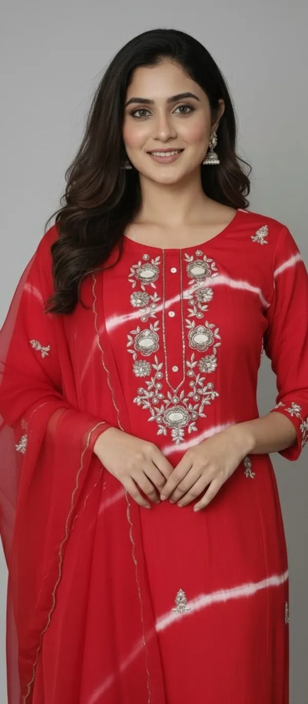 Red_Hand_Work_Dola_Silk_Kurta_Set_With_Dupatta_For_Women