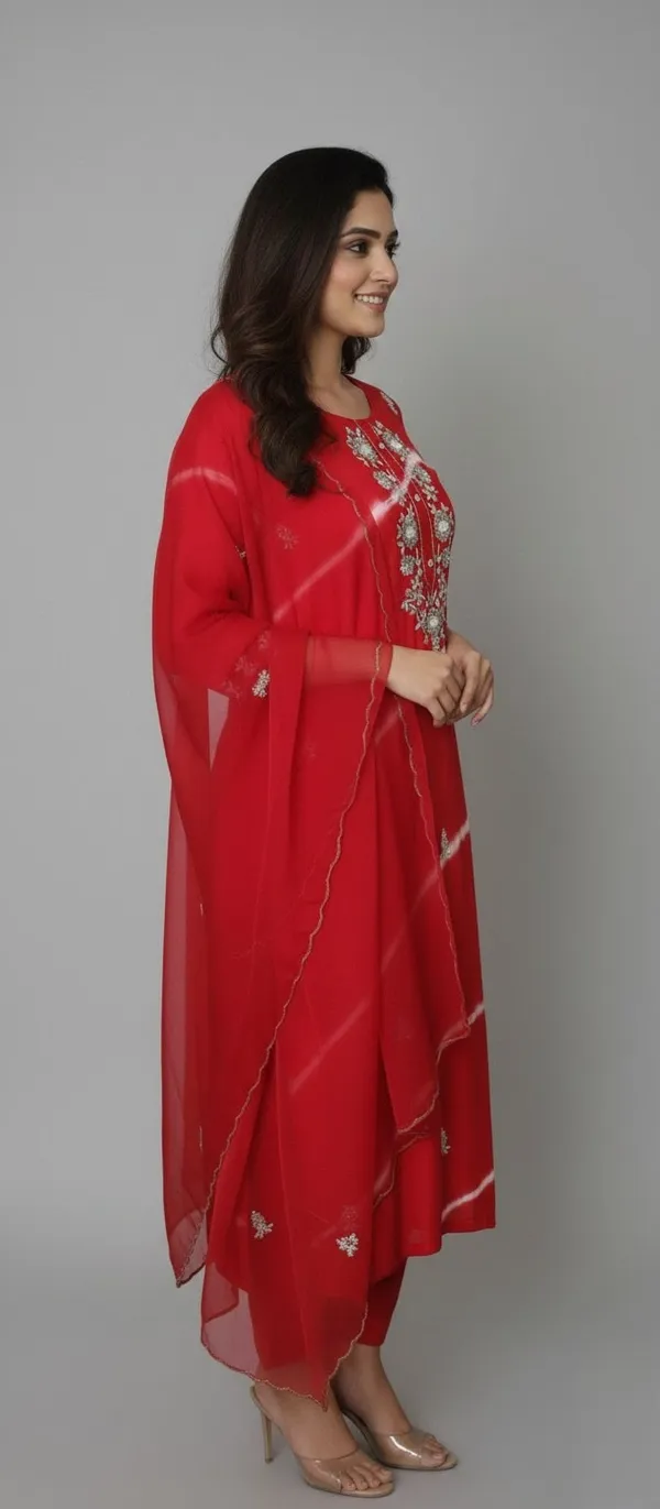 Red_Hand_Work_Dola_Silk_Kurta_Set_With_Dupatta_For_Women