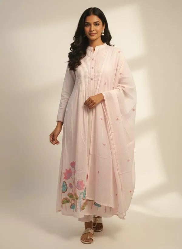 Pink_Thread_Work_Cotton_Kurta_Set_With_Dupatta_For_Women