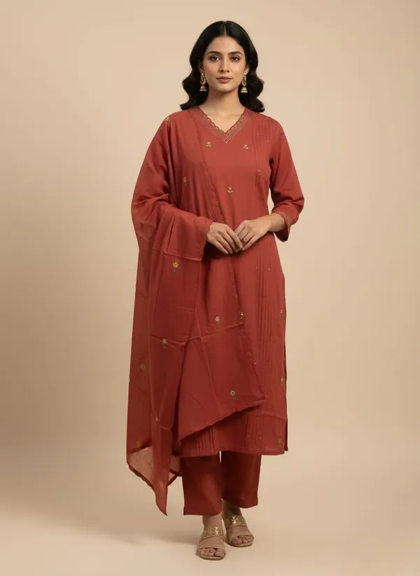 Orange_Thread_Work_Cotton_Kurta_Set_With_Dupatta_For_Women
