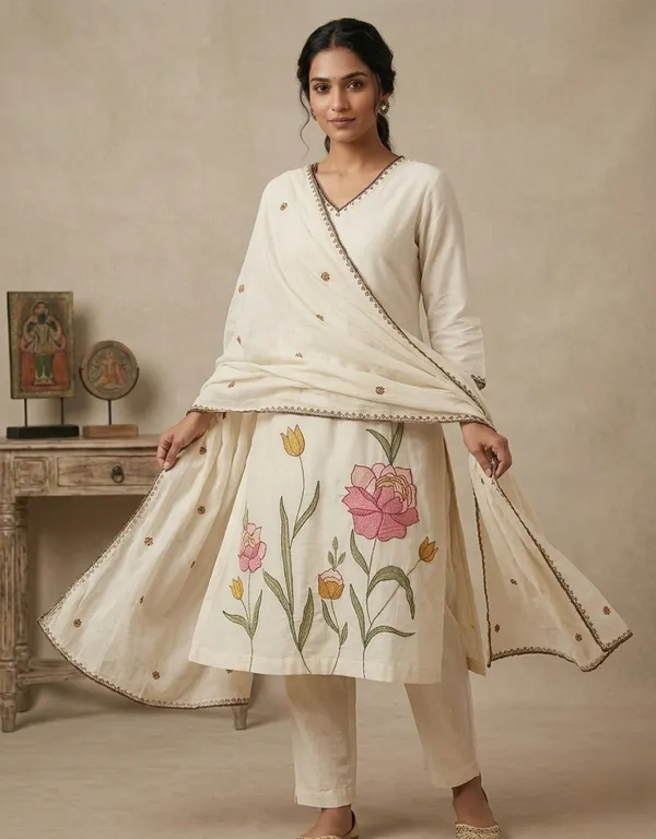 CREAM_APLIQUE_MUL_COTTON_KURTA_SET_WITH_DUPATTA