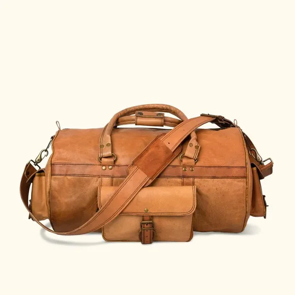 Camel_Premium_Quality_Full_Grain_Leather_And_Internal_Pure_Cotton_Canvas_Duffel_Bag_For_Unisex