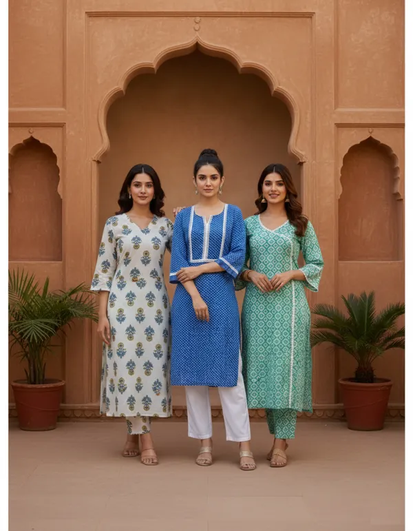 Ethnic_Grace_Combo:_Set_Of_3_Anarkali_And_Straight_Kurtas_With_Embroidered_V-Necks.