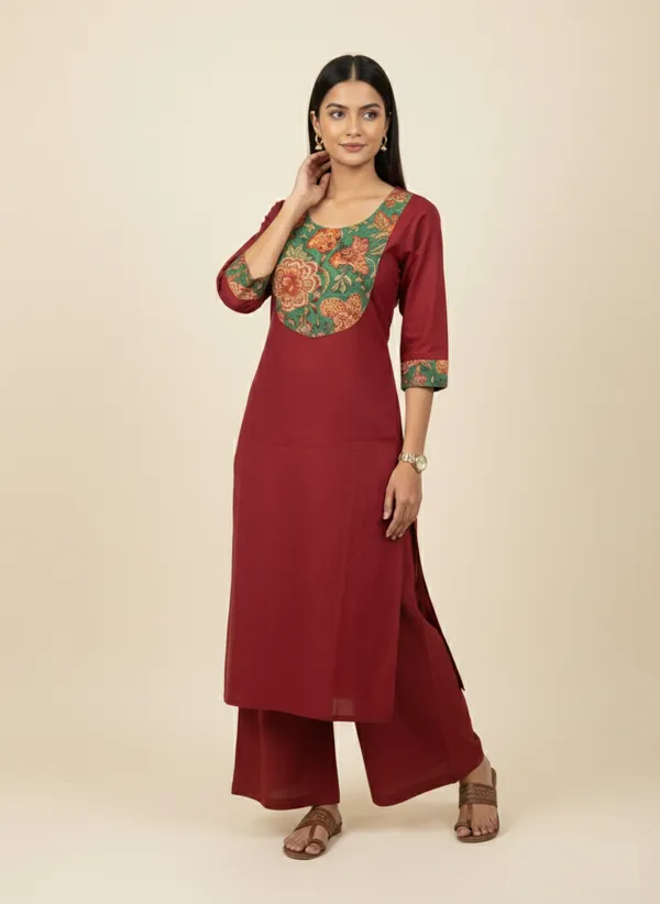 Maroon_Cotton_Kurta_With_Printed_Neck_Line