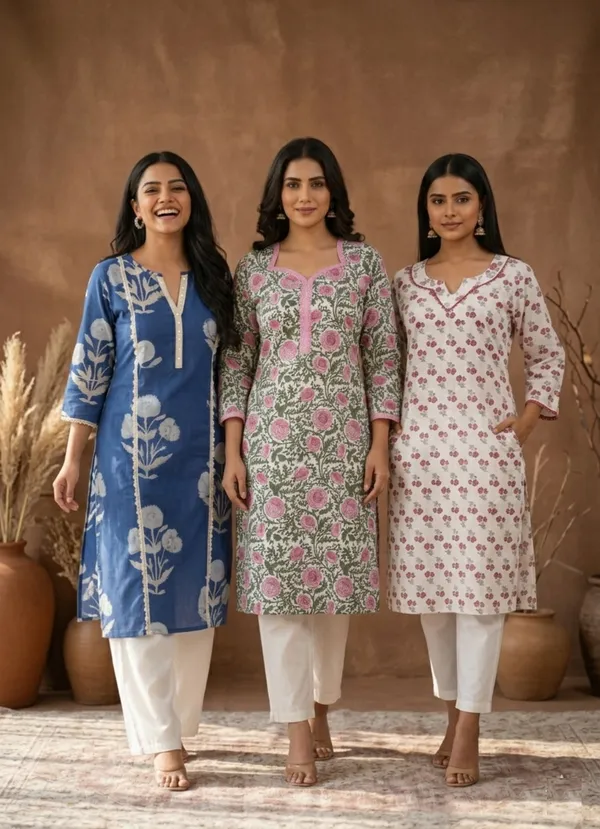 Womens_Cotton_Floral_Print_Kurta_Set_-_Pack_Of_3_(Indigo_Blue,_Sage_Green,_&_Rose_White)