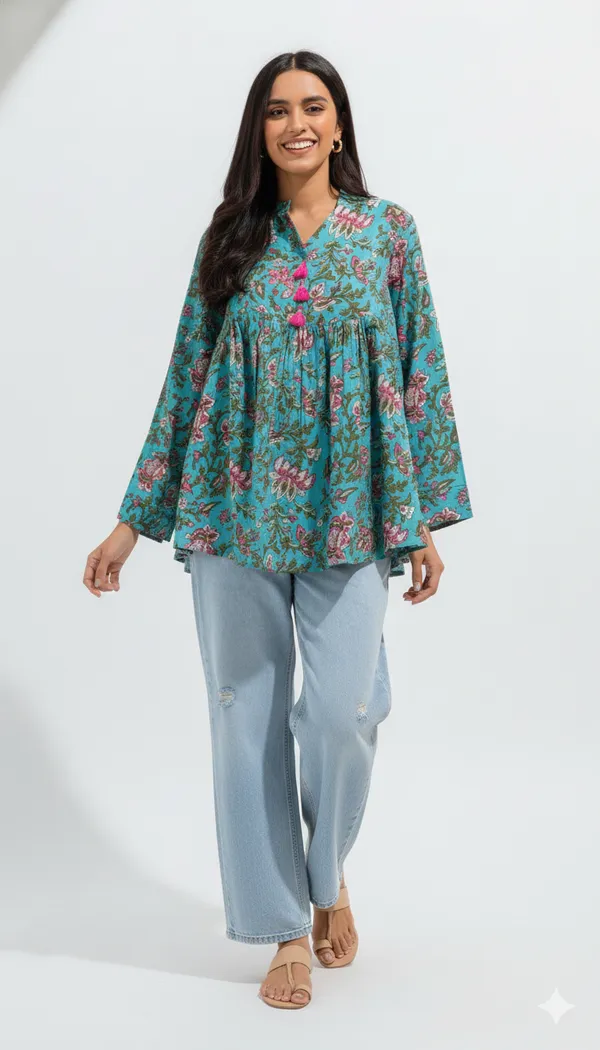Sky_Blue_Short_Kurti_With_Pleats